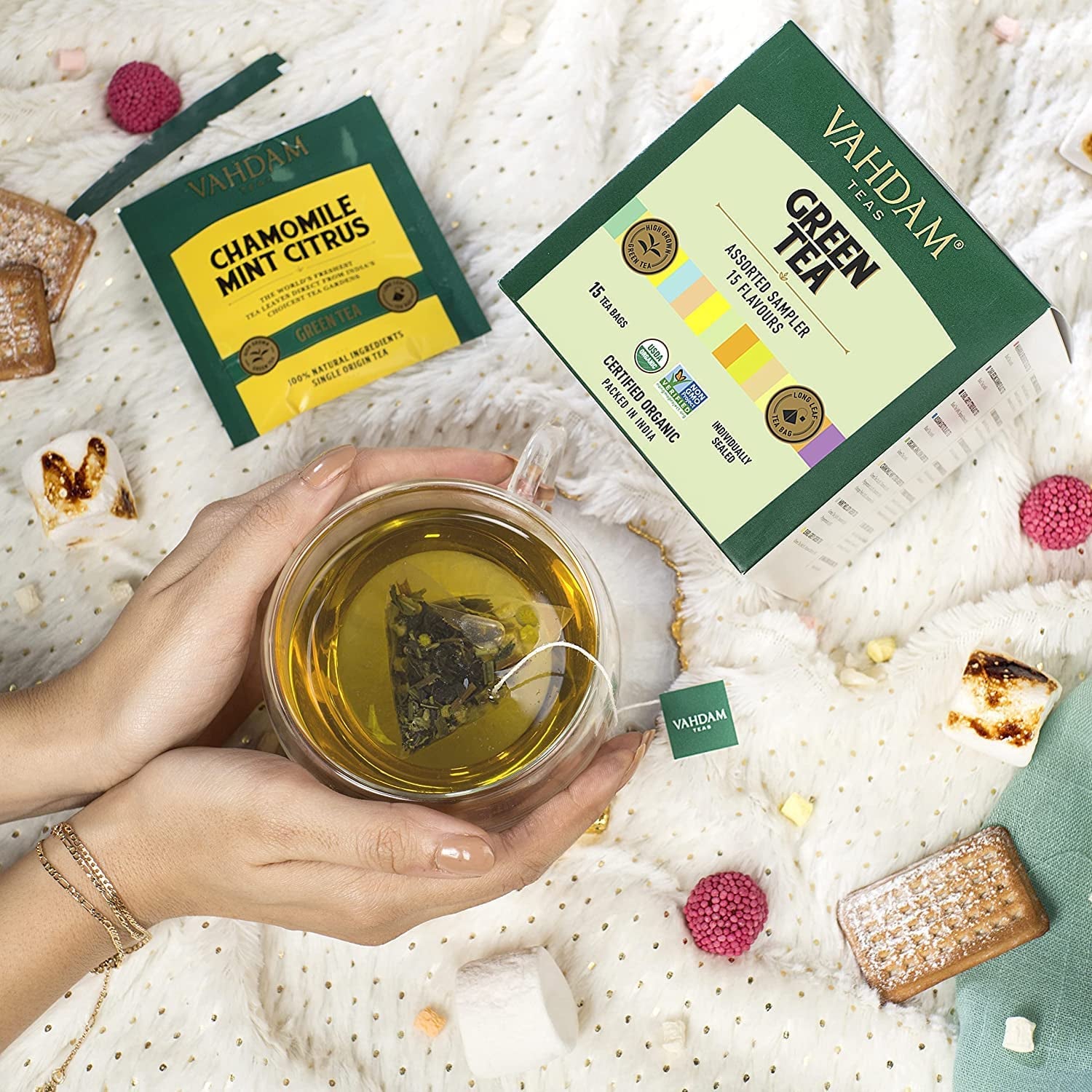 , Assorted Green Tea Sampler Gift Set (15 Flavors, 15 Count) Gluten Free, Non GMO | Tea Variety Pack - Long Leaf Pyramid Green Tea Bags Variety Pack | Gifts for Him/Her | Gifts for Women & Men
