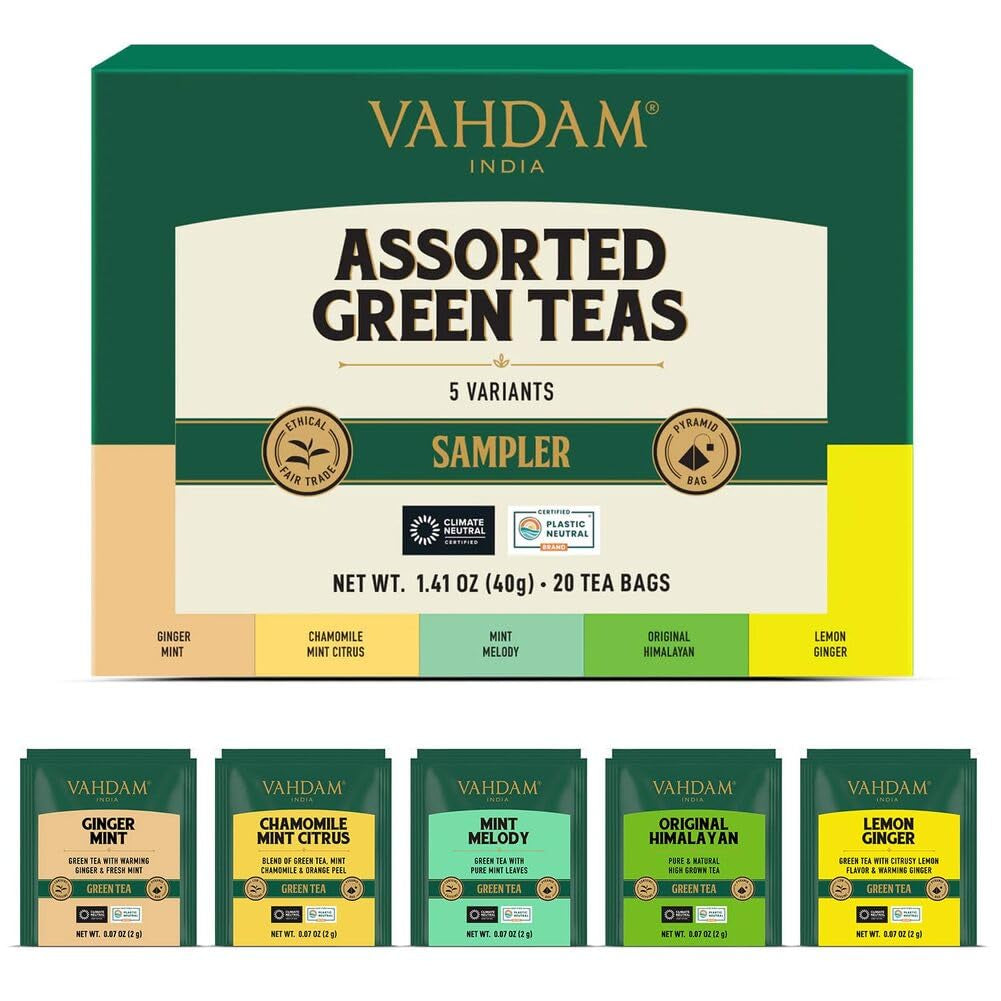 , Assorted Green Tea Bags Sampler (5 Flavors, 20 Ecofriendly Pyramid Tea Bags) I Gift Ideas for Women & Men | Himalayan Green Tea Varieties | Gluten Free & Non GMO | Gift Ideas for Him/Her