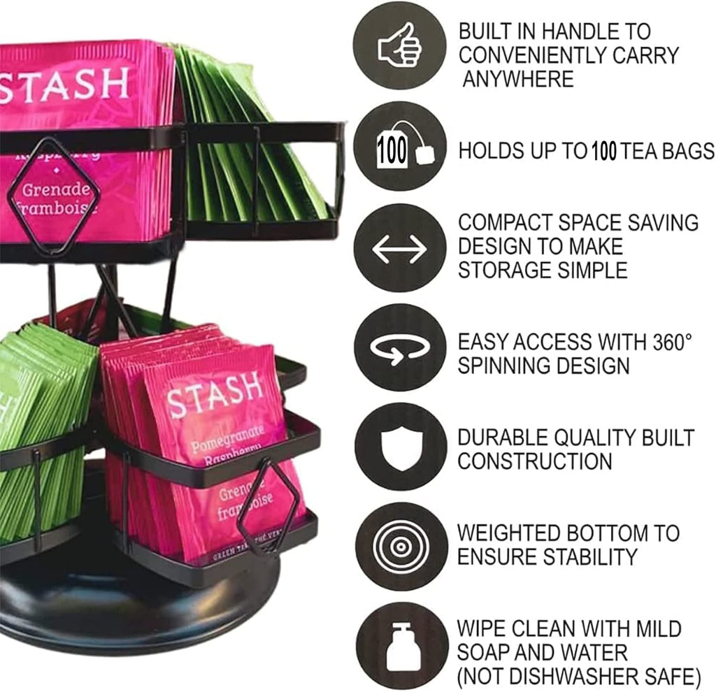Tea Bag Organizer 360˚ Spinning Carousel Organizer - Holds up to 100 Tea Bags - Tea Storage Organizer - Lazy Susan - Tea Accessories for Tea Lovers - Tea Container for Tea Bags - Tea Bags Not Included