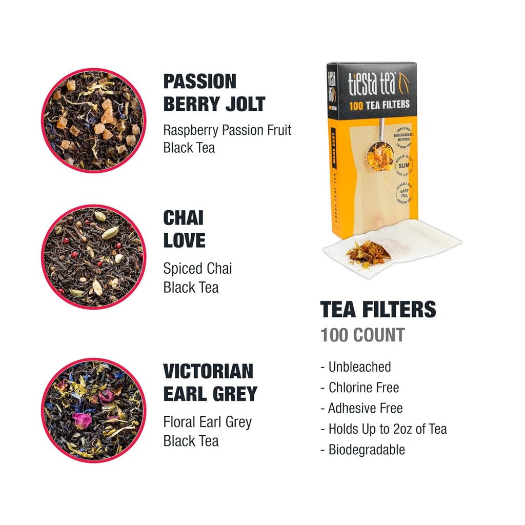 - Black Tea Starter Kit, Loose Leaf, Premium Black Gift Set, High Caffeinated, Make Hot or Iced, Variety Pack with 3 Samplers & 100 Disposable Filters