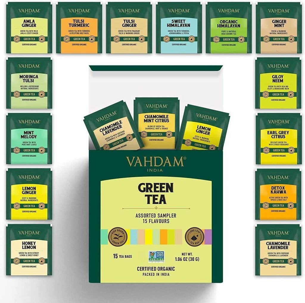 , Assorted Green Tea Sampler Gift Set (15 Flavors, 15 Count) Gluten Free, Non GMO | Tea Variety Pack - Long Leaf Pyramid Green Tea Bags Variety Pack | Gifts for Him/Her | Gifts for Women & Men