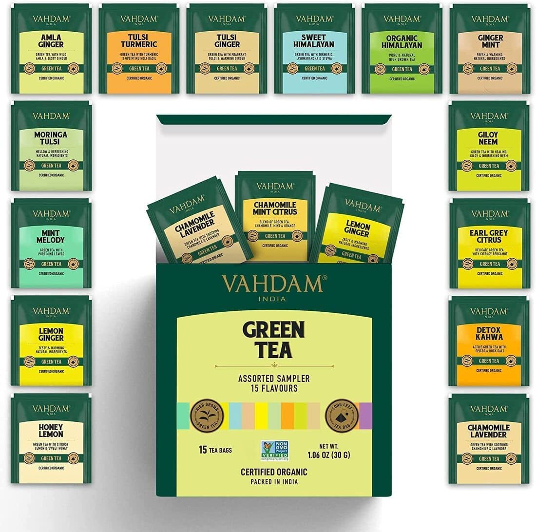 , Assorted Green Tea Sampler Gift Set (15 Flavors, 15 Count) Gluten Free, Non GMO | Tea Variety Pack - Long Leaf Pyramid Green Tea Bags Variety Pack | Gifts for Him/Her | Gifts for Women & Men