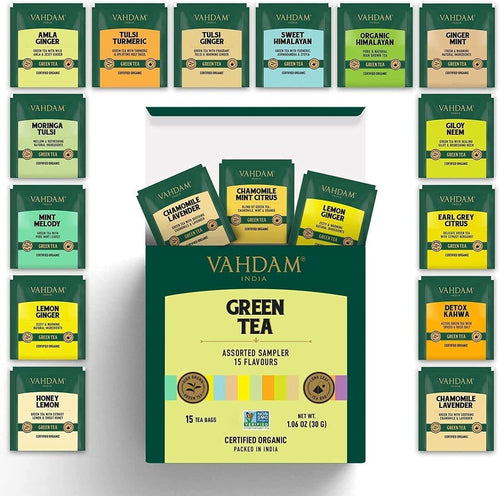 , Assorted Green Tea Sampler Gift Set (15 Flavors, 15 Count) Gluten Free, Non GMO | Tea Variety Pack - Long Leaf Pyramid Green Tea Bags Variety Pack | Gifts for Him/Her | Gifts for Women & Men