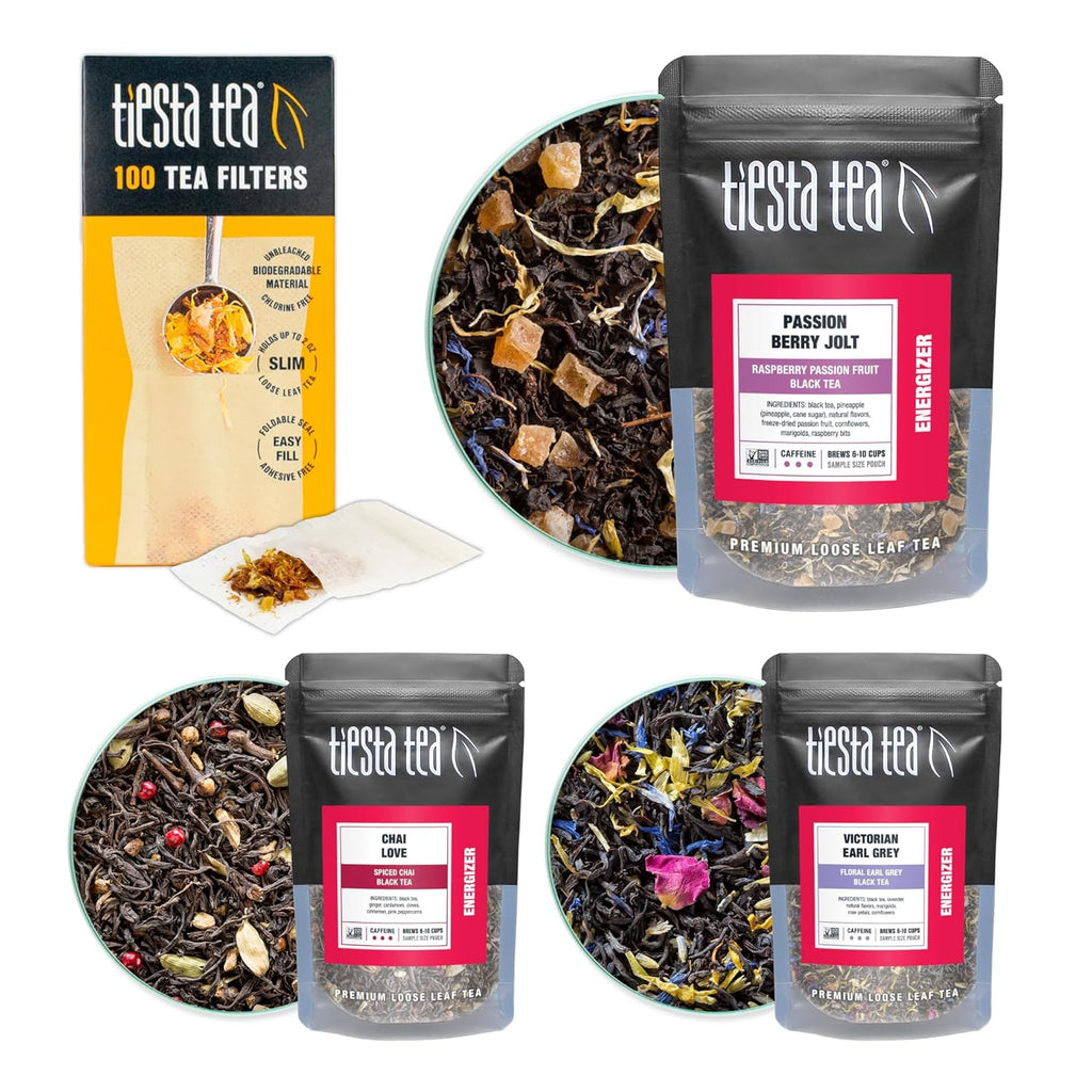 - Black Tea Starter Kit, Loose Leaf, Premium Black Gift Set, High Caffeinated, Make Hot or Iced, Variety Pack with 3 Samplers & 100 Disposable Filters