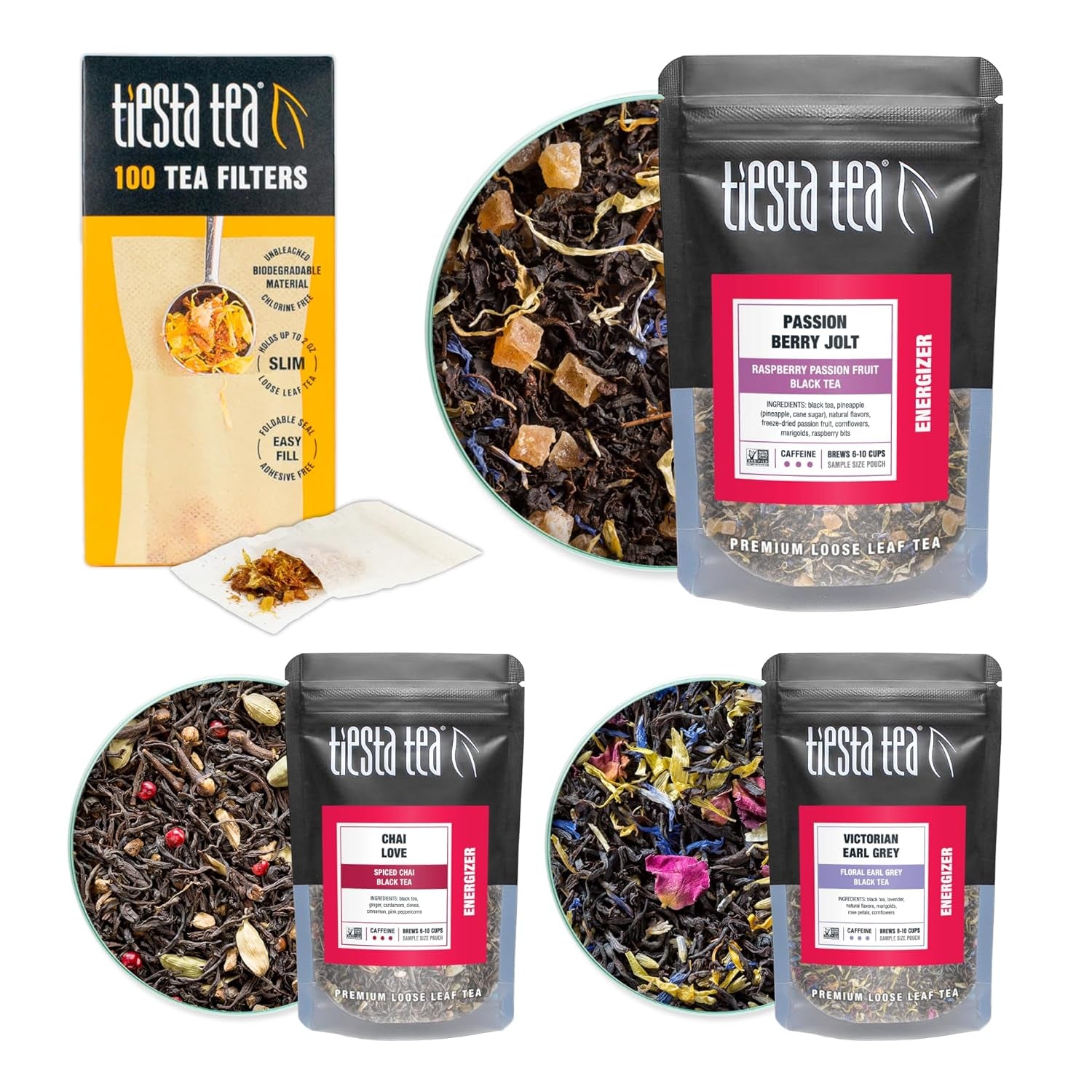 - Black Tea Starter Kit, Loose Leaf, Premium Black Gift Set, High Caffeinated, Make Hot or Iced, Variety Pack with 3 Samplers & 100 Disposable Filters