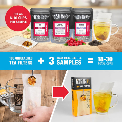 - Black Tea Starter Kit, Loose Leaf, Premium Black Gift Set, High Caffeinated, Make Hot or Iced, Variety Pack with 3 Samplers & 100 Disposable Filters