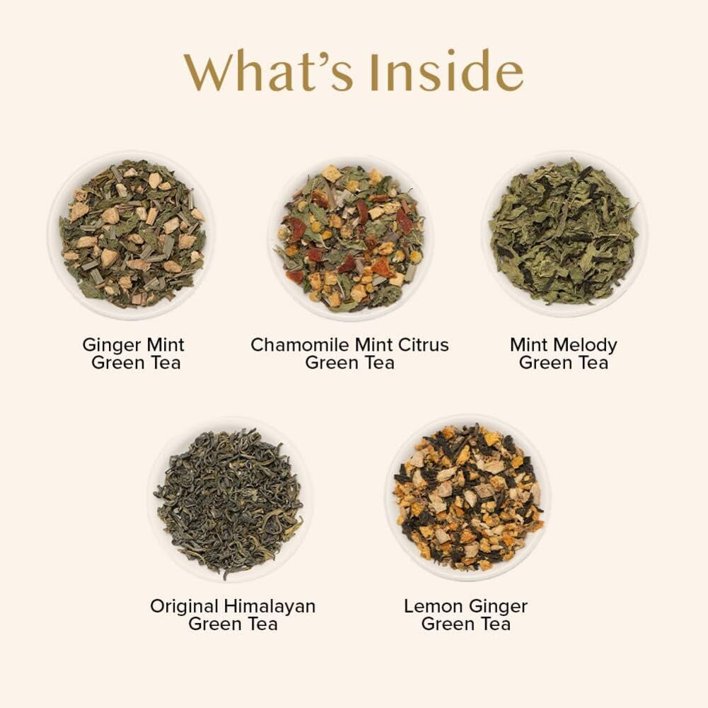 , Assorted Green Tea Bags Sampler (5 Flavors, 20 Ecofriendly Pyramid Tea Bags) I Gift Ideas for Women & Men | Himalayan Green Tea Varieties | Gluten Free & Non GMO | Gift Ideas for Him/Her