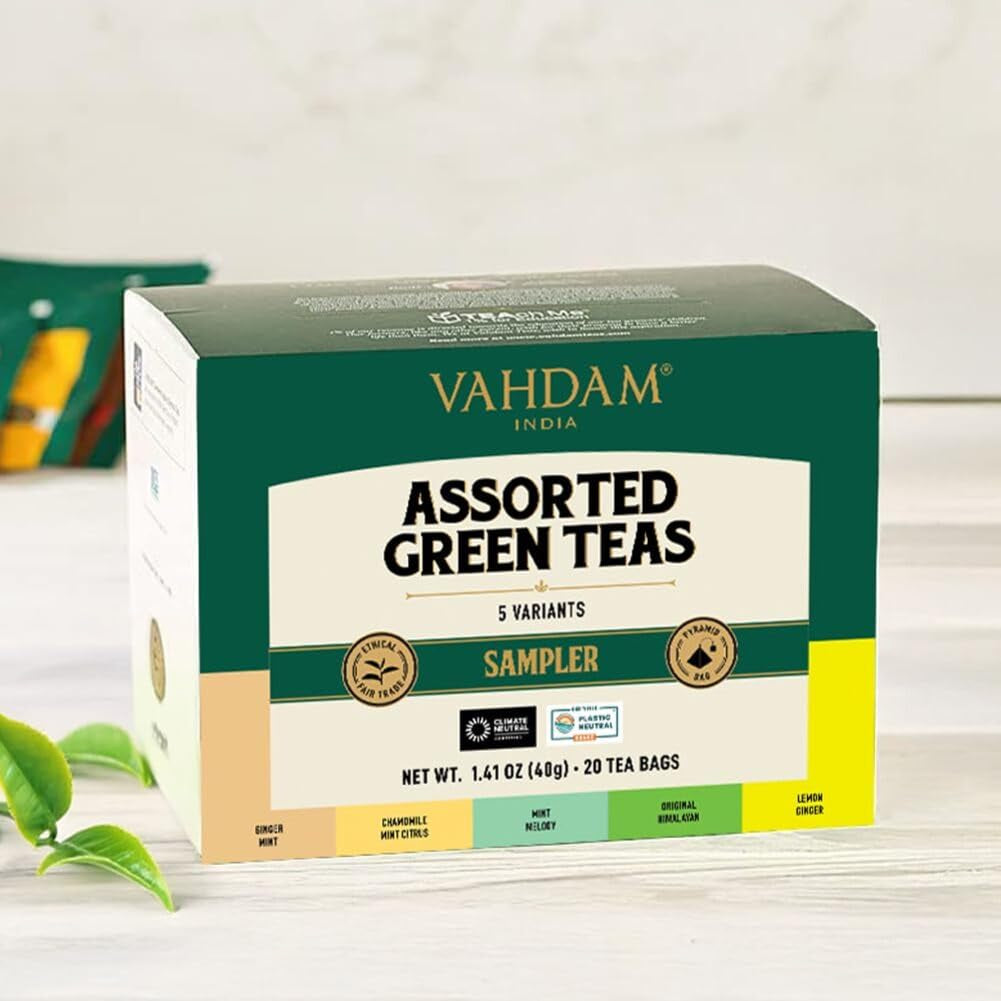 , Assorted Green Tea Bags Sampler (5 Flavors, 20 Ecofriendly Pyramid Tea Bags) I Gift Ideas for Women & Men | Himalayan Green Tea Varieties | Gluten Free & Non GMO | Gift Ideas for Him/Her